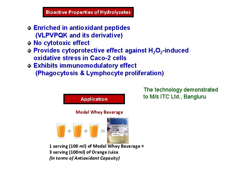 Bioactive Properties of Hydrolysates Enriched in antioxidant peptides (VLPVPQK and its derivative) No cytotoxic