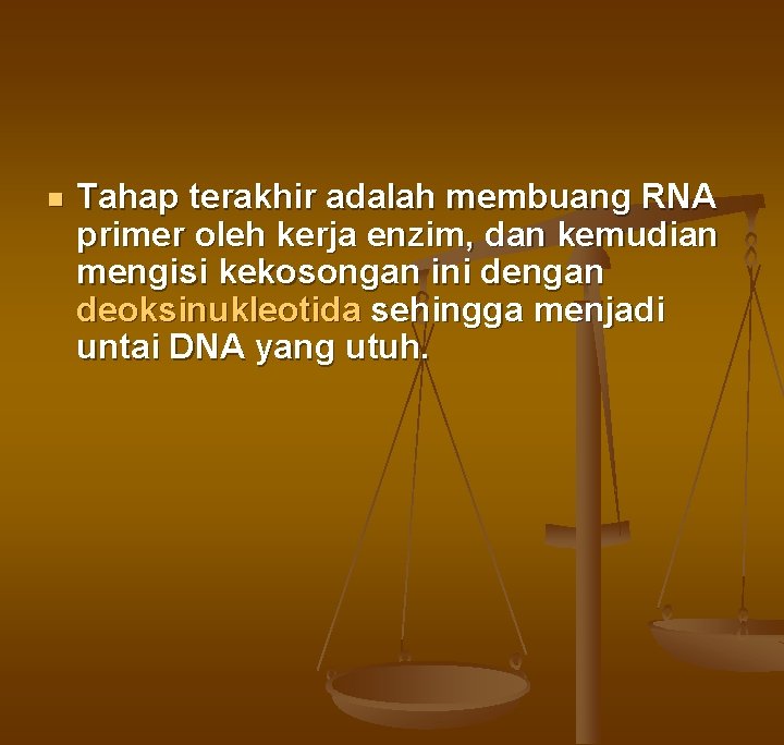 n Tahap terakhir adalah membuang RNA primer oleh kerja enzim, dan kemudian mengisi kekosongan