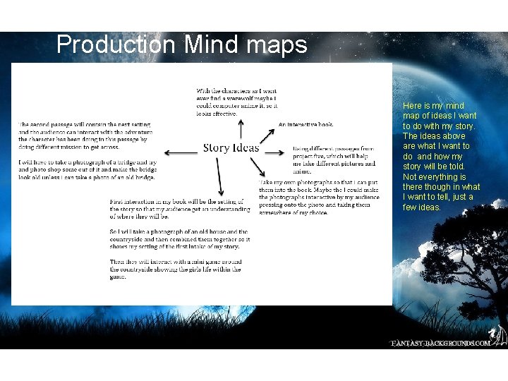 Production Mind maps Here is my mind map of ideas I want to do