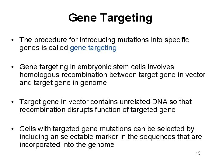 Gene Targeting • The procedure for introducing mutations into specific genes is called gene