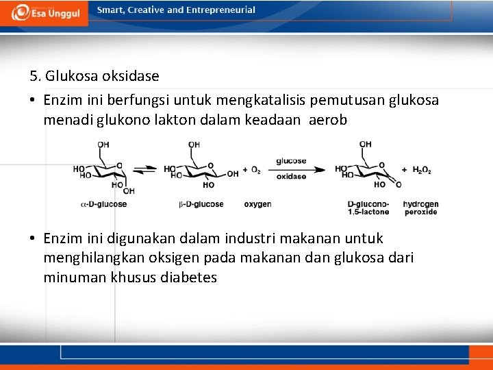 5. Glukosa oksidase • Enzim ini berfungsi untuk mengkatalisis pemutusan glukosa menadi glukono lakton