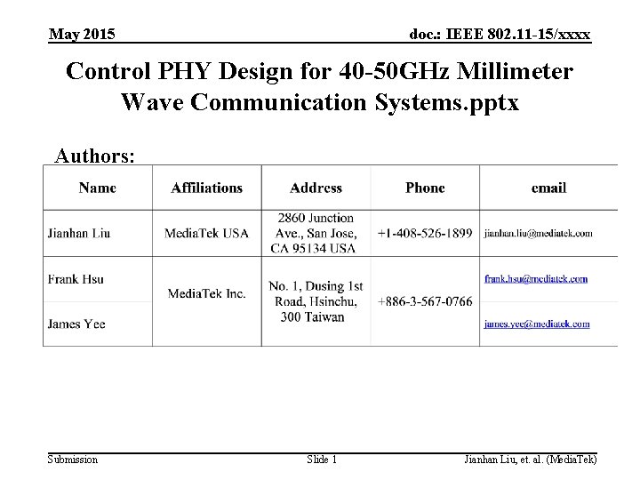 May 2015 doc. : IEEE 802. 11 -15/xxxx Control PHY Design for 40 -50