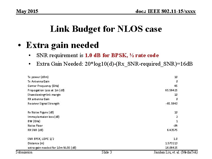 May 2015 doc. : IEEE 802. 11 -15/xxxx Link Budget for NLOS case •
