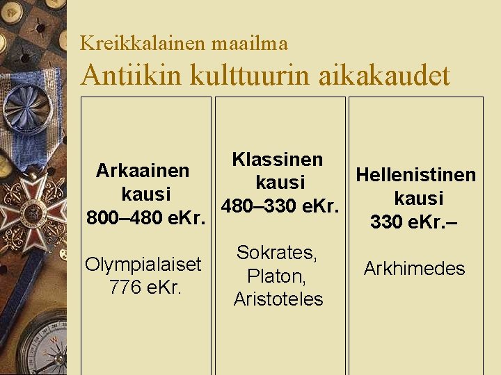 Kreikkalainen maailma Antiikin kulttuurin aikakaudet Klassinen Arkaainen Hellenistinen kausi 480– 330 e. Kr. 800–