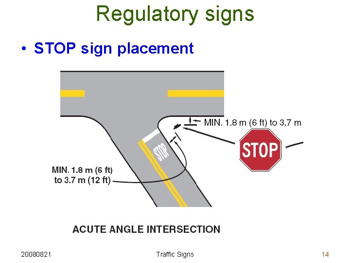 Regulatory signs • STOP sign placement 20080821 Traffic Signs 14 