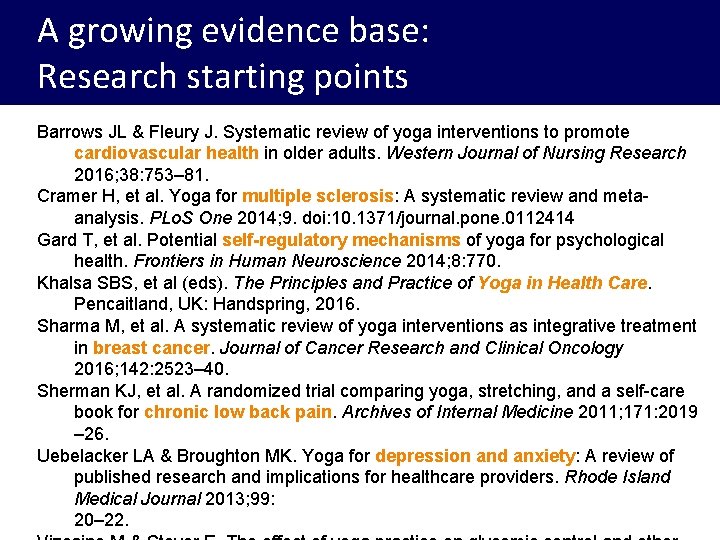 A growing evidence base: Research starting points Barrows JL & Fleury J. Systematic review