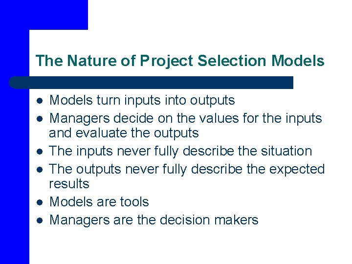 The Nature of Project Selection Models l l l Models turn inputs into outputs