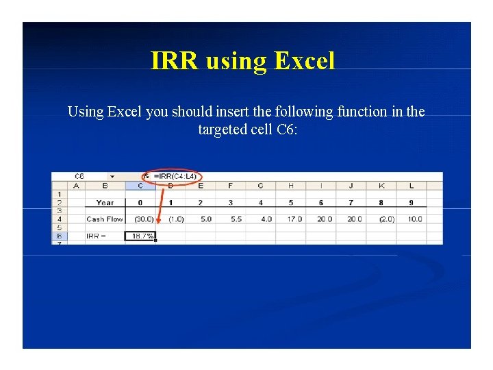 IRR using Excel Using Excel you should insert the following function in the targeted