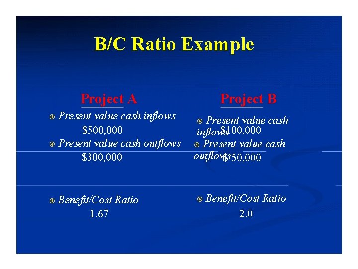 B/C Ratio Example Project A Present value cash inflows $500, 000 Present value cash