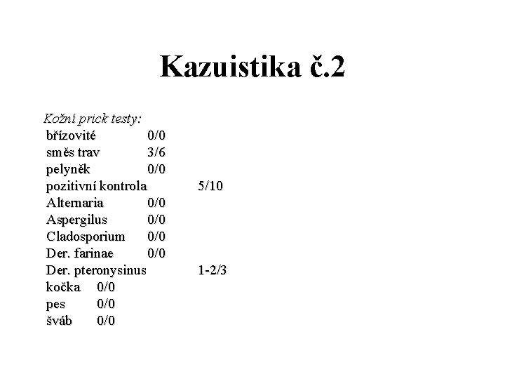 Kazuistika č. 2 Kožní prick testy: břízovité 0/0 směs trav 3/6 pelyněk 0/0 pozitivní