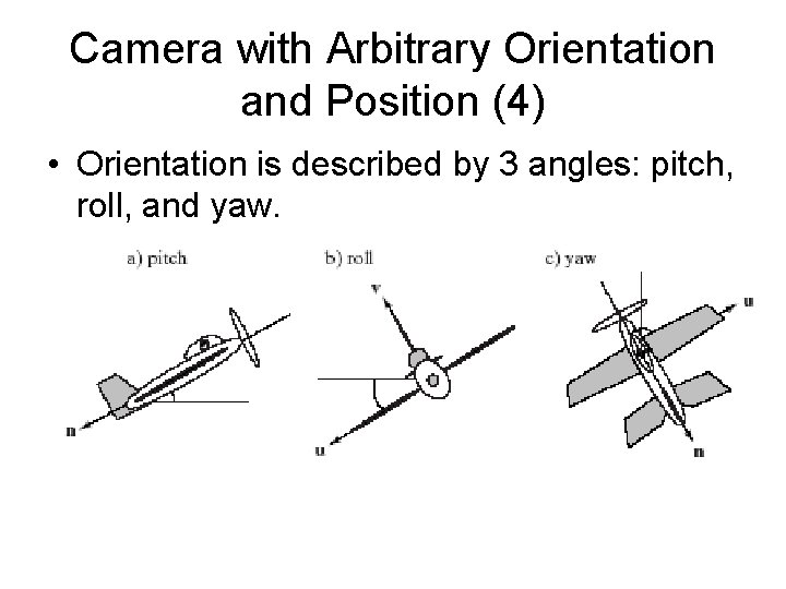 Camera with Arbitrary Orientation and Position (4) • Orientation is described by 3 angles: