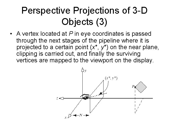 Perspective Projections of 3 -D Objects (3) • A vertex located at P in