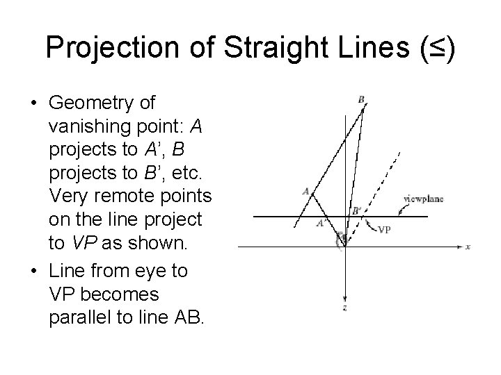 Projection of Straight Lines (≤) • Geometry of vanishing point: A projects to A’,