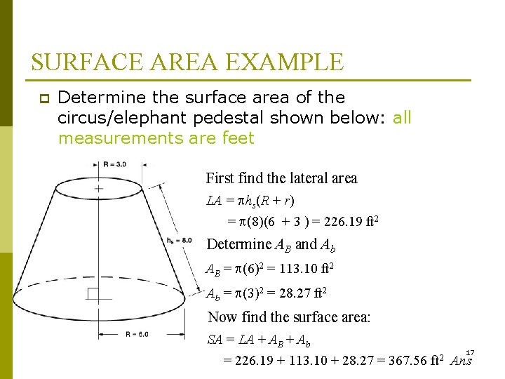 SURFACE AREA EXAMPLE p Determine the surface area of the circus/elephant pedestal shown below: