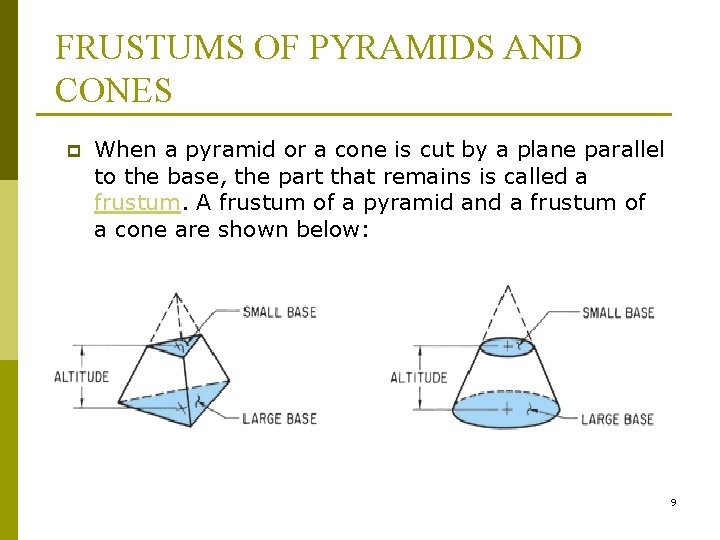 FRUSTUMS OF PYRAMIDS AND CONES p When a pyramid or a cone is cut