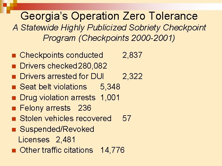 Georgia’s Operation Zero Tolerance A Statewide Highly Publicized Sobriety Checkpoint Program (Checkpoints 2000 -2001)