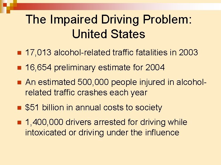 The Impaired Driving Problem: United States n 17, 013 alcohol-related traffic fatalities in 2003