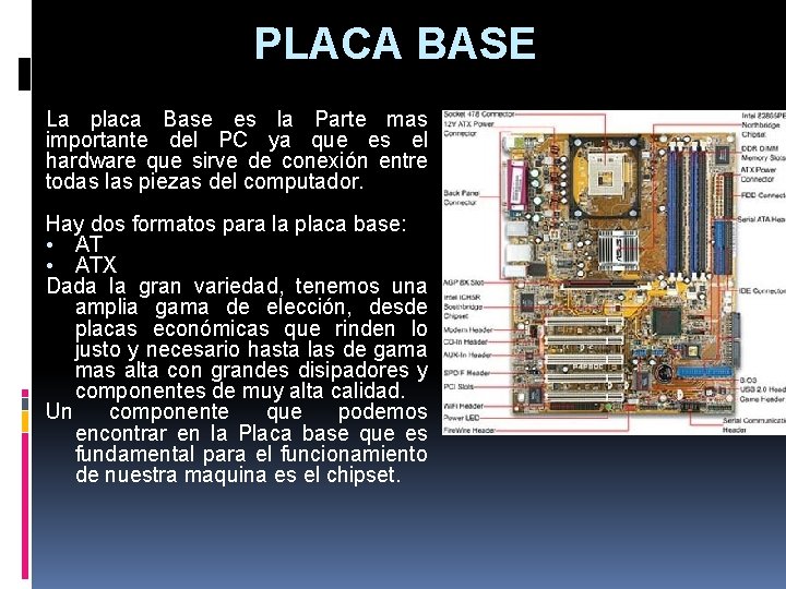 PLACA BASE La placa Base es la Parte mas importante del PC ya que