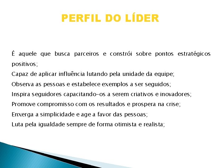 PERFIL DO LÍDER É aquele que busca parceiros e constrói sobre pontos estratégicos positivos;