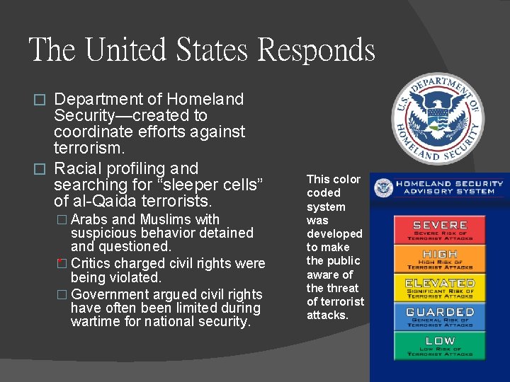 The United States Responds Department of Homeland Security—created to coordinate efforts against terrorism. �