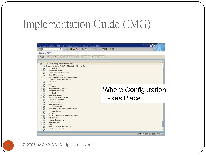 Implementation Guide (IMG) Where Configuration Takes Place 25 © 2008 by SAP AG. All Implementation Guide (IMG) Where Configuration Takes Place 25 © 2008 by SAP AG. All