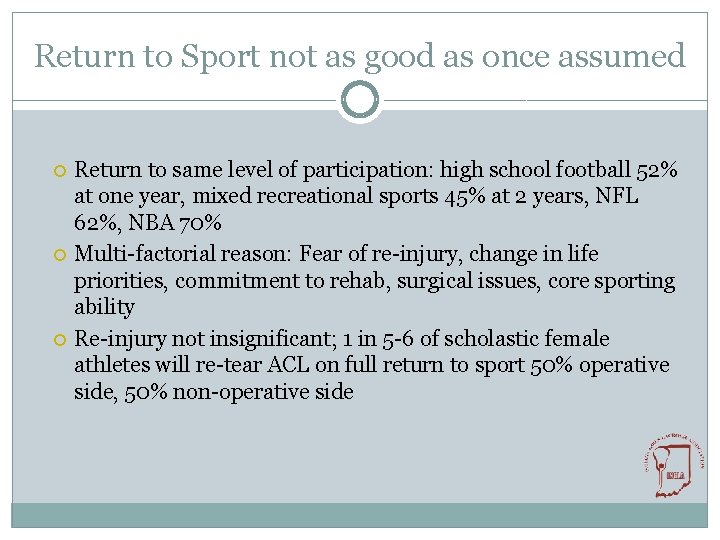 Return to Sport not as good as once assumed Return to same level of