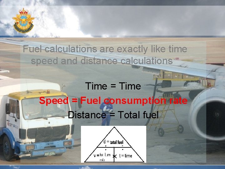 Fuel calculations are exactly like time speed and distance calculations Time = Time Speed