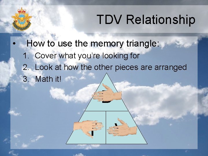 TDV Relationship • How to use the memory triangle: 1. Cover what you’re looking