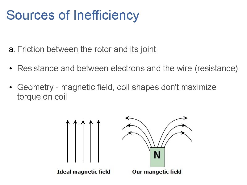 Sources of Inefficiency a. Friction between the rotor and its joint • Resistance and