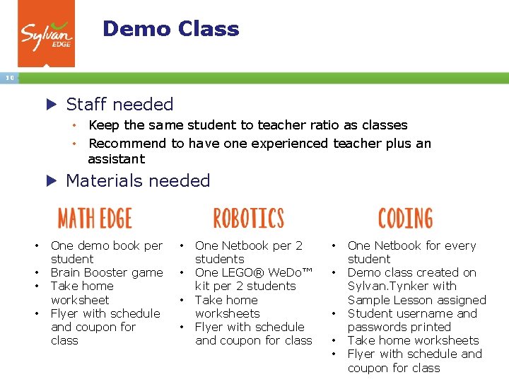 Demo Class 10 Staff needed • Keep the same student to teacher ratio as