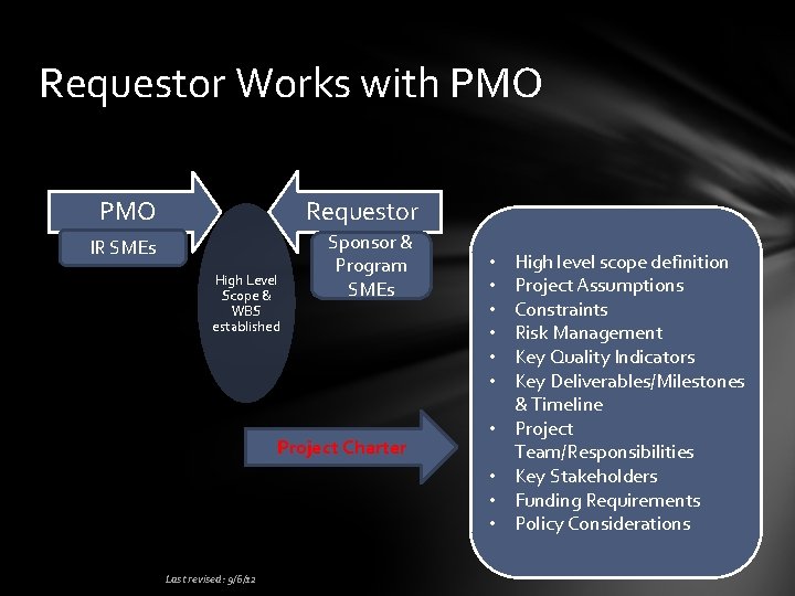Requestor Works with PMO Requestor IR SMEs Sponsor & Program SMEs High Level Scope