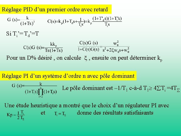 Réglage PID d’un premier ordre avec retard Si Ti’= Td’=T Pour un D% désiré