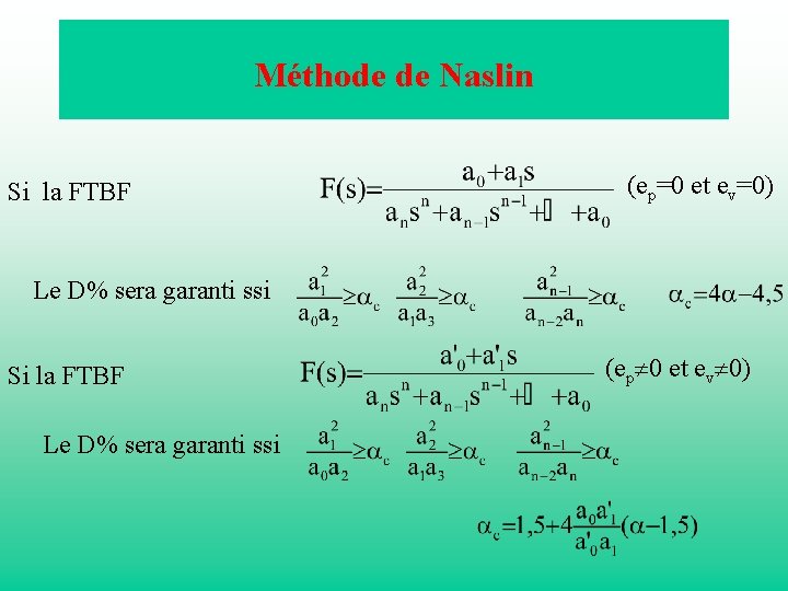 Méthode de Naslin Si la FTBF (ep=0 et ev=0) Le D% sera garanti ssi
