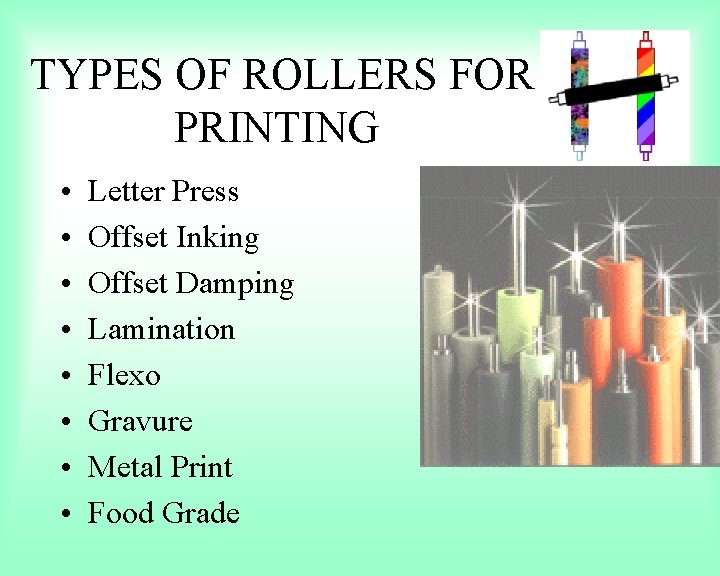 TYPES OF ROLLERS FOR PRINTING • • Letter Press Offset Inking Offset Damping Lamination
