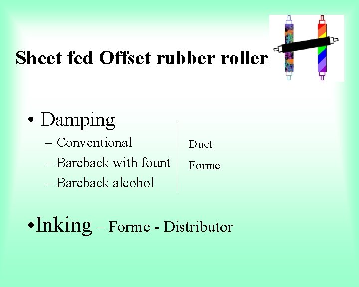 Sheet fed Offset rubber rollers • Damping – Conventional – Bareback with fount –