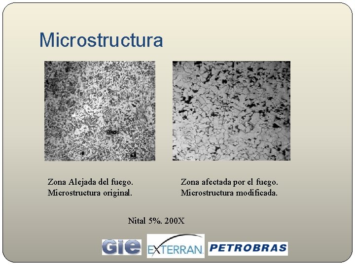 Microstructura Zona Alejada del fuego. Microstructura original. Zona afectada por el fuego. Microstructura modificada.