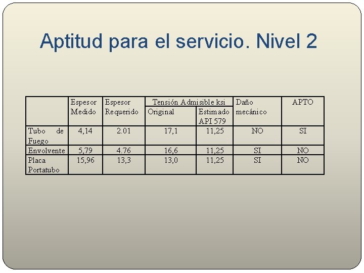 Aptitud para el servicio. Nivel 2 Tubo de Fuego Envolvente Placa Portatubo Espesor Medido
