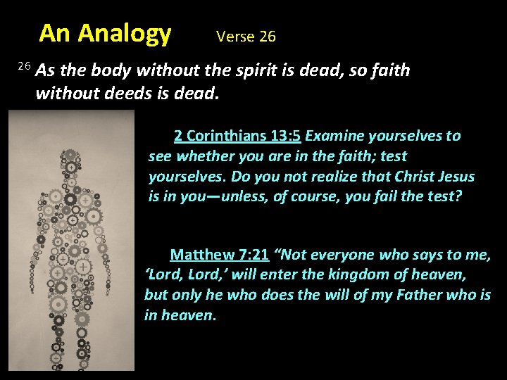 An Analogy Verse 26 26 As the body without the spirit is dead, so