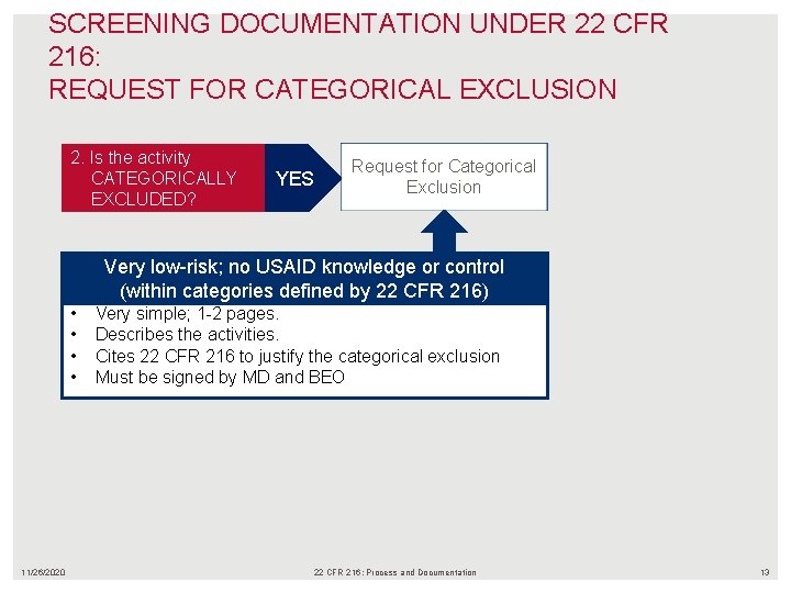 SCREENING DOCUMENTATION UNDER 22 CFR 216: REQUEST FOR CATEGORICAL EXCLUSION 2. Is the activity