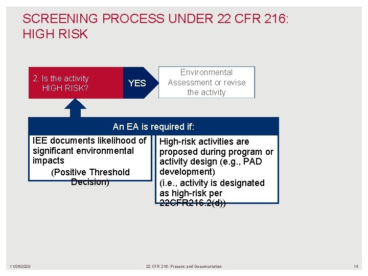 SCREENING PROCESS UNDER 22 CFR 216: HIGH RISK 2. Is the activity HIGH RISK?
