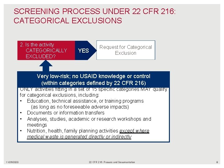 SCREENING PROCESS UNDER 22 CFR 216: CATEGORICAL EXCLUSIONS 2. Is the activity CATEGORICALLY EXCLUDED?