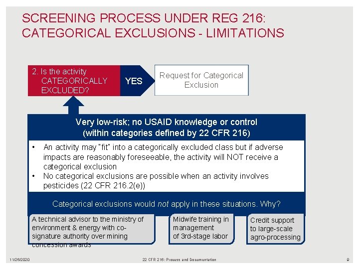 SCREENING PROCESS UNDER REG 216: CATEGORICAL EXCLUSIONS - LIMITATIONS 2. Is the activity CATEGORICALLY