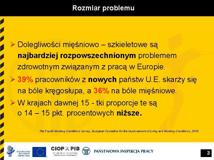 Rozmiar problemu Ø Dolegliwości mięśniowo – szkieletowe są najbardziej rozpowszechnionym problemem zdrowotnym związanym z