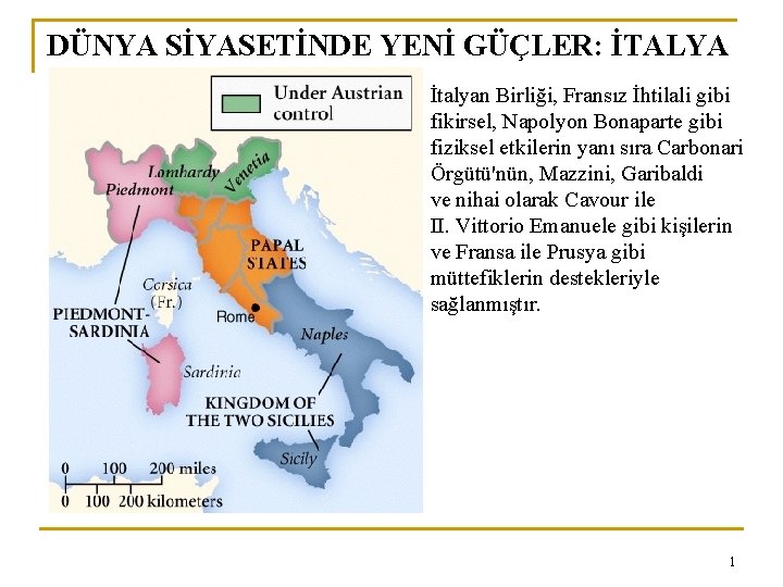 DÜNYA SİYASETİNDE YENİ GÜÇLER: İTALYA İtalyan Birliği, Fransız İhtilali gibi fikirsel, Napolyon Bonaparte gibi