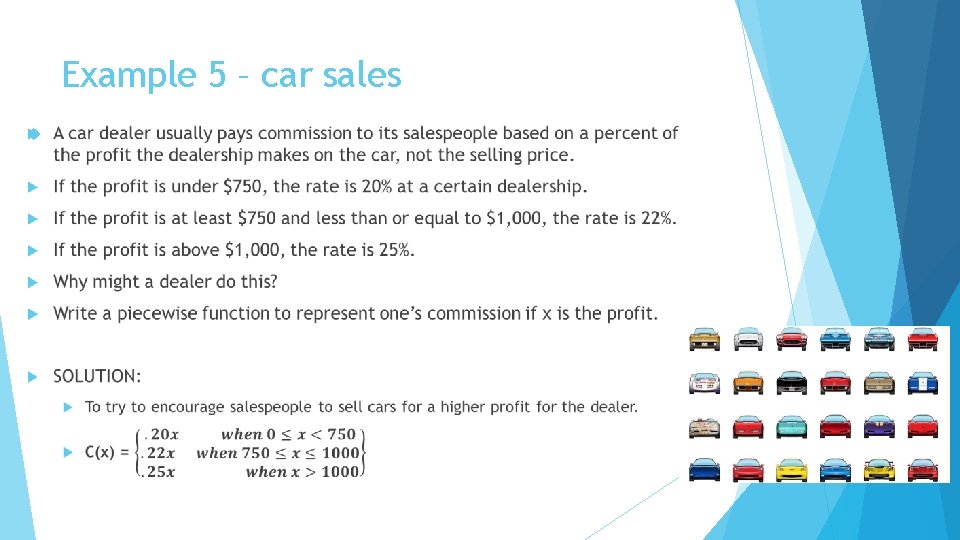 Example 5 – car sales Example 5 – car sales