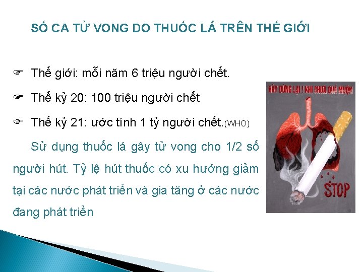 SỐ CA TỬ VONG DO THUỐC LÁ TRÊN THẾ GIỚI F Thế giới: mỗi