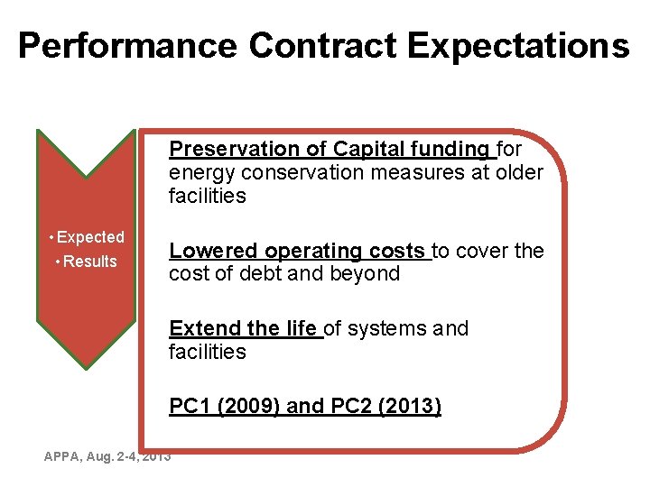Performance Contract Expectations • Preservation of Capital funding for energy conservation measures at older