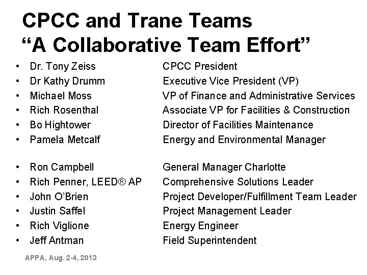 CPCC and Trane Teams “A Collaborative Team Effort” • • • Dr. Tony Zeiss