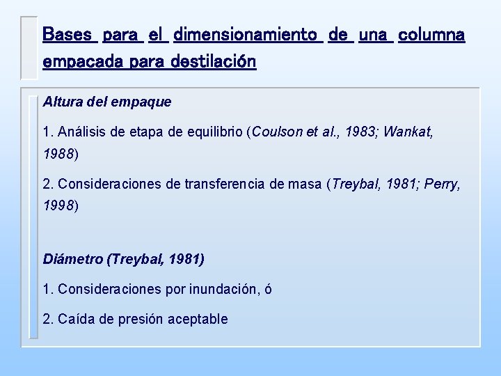 Bases para el dimensionamiento de una columna empacada para destilación Altura del empaque 1. Bases para el dimensionamiento de una columna empacada para destilación Altura del empaque 1.
