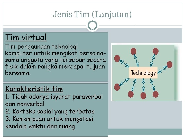 Jenis Tim (Lanjutan) Tim virtual Tim penggunaan teknologi komputer untuk mengikat bersama anggota yang